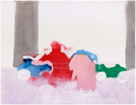 2 kinder mit autos auf der strasse, malerei